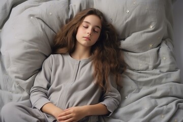 Serene scene of a girl enjoying a peaceful slumber in comfortable gray pajamas on a bed adorned with starry bed linen