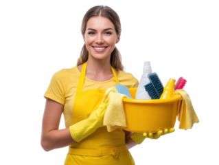 Woman with Cleaning Supplies: A cheerful woman, equipped with a collection of cleaning tools, radiating a sense of cleanliness and freshness.