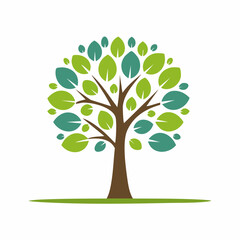 Obraz premium Stylized tree illustration with a brown trunk and a round canopy of green and teal leaves.