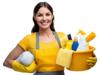 Smiling Cleaner with Cleaning Supplies: A cheerful young woman, dressed in a yellow cleaning apron and gloves, smiles warmly while holding a bucket of cleaning supplies and a cleaning cloth.