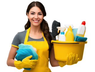 Ready to Serve: A smiling professional cleaning specialist, ready to tackle domestic duties, holds a basket with cleaning supplies and a cheerful demeanor