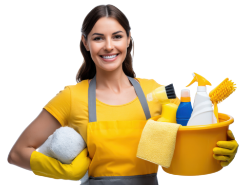Smiling Cleaner with Cleaning Supplies: A cheerful young woman, dressed in a yellow cleaning apron and gloves, smiles warmly while holding a bucket of cleaning supplies and a cleaning cloth.
