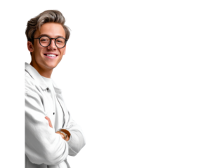 Confident Smile: A portrait of a young man with stylish hair and glasses, radiating a genuine, confident smile, suggesting approachability and warmth.
