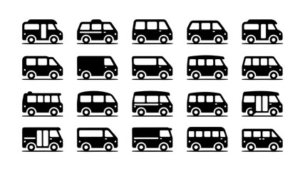 A Set of Minimalist Black and White Van Icons Transportation Graphics