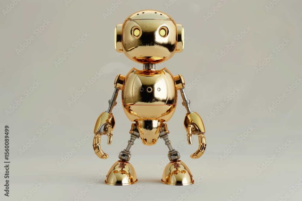 Poster golden metallic robot standing on a white background, representing artificial intelligence and advan