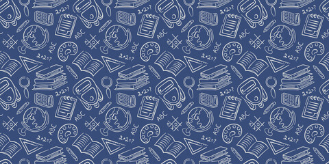Back to school seamless pattern in doodle style. Sketch object stationary of pencil, pen, book, backpack, ruler, globe on a blue background.