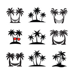 Tropical Palm Tree and Hammock Silhouette Vector Set, Island Paradise Vacation Icons for Beach Summer Design