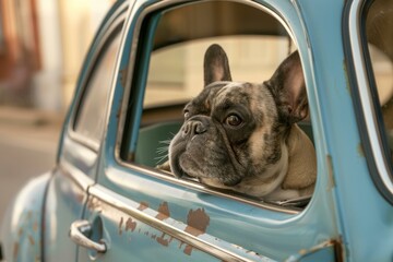 French bulldog looking out the window of a vintage car, enjoying the breeze and scenery during a leisurely drive