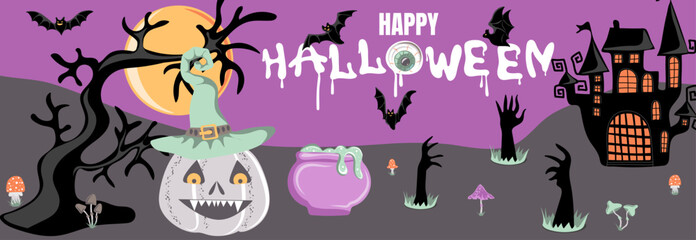 Happy Halloween. Trendy holiday banner with pumpkin, bats and scary castles. October 31 holiday evening creative design. Vector illustration