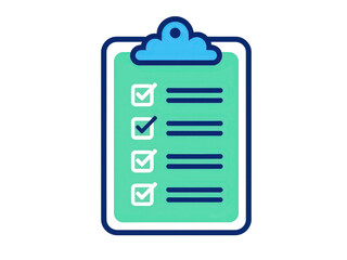 a simple flat 2d icon of a 'hotel checklist with ticks', representing reviewed and approved amenities, minimalist design, solid green, blue, and white colors, clean sharp lines, no shadows