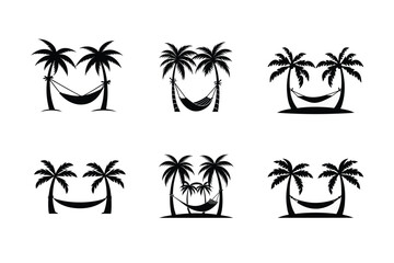 Tropical Palm Tree and Hammock Silhouette Vector Set, Island Paradise Vacation Icons for Beach Summer Design