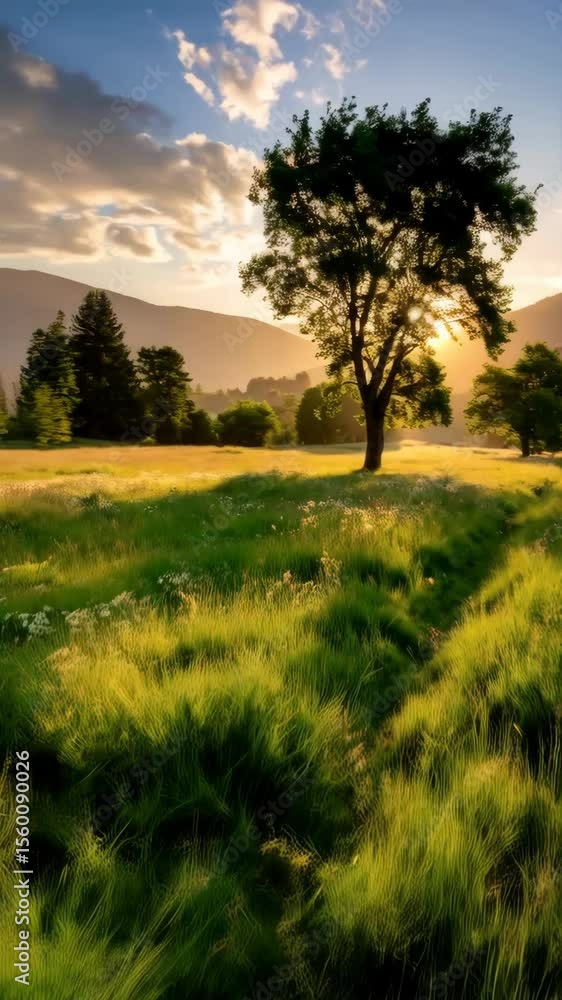 Aufkleber golden meadow illuminated by sunbeams filtering through a tree at dusk with soft light creating a pe