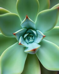 Close up of the center leaf of a green succulent plant, displaying radial symmetry that evokes a sense of order and balance