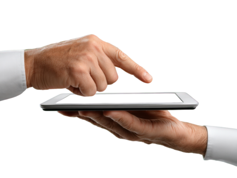 Digital Interaction: Close-up shot of hands interacting with a tablet device, illustrating modern technology and digital connectivity.