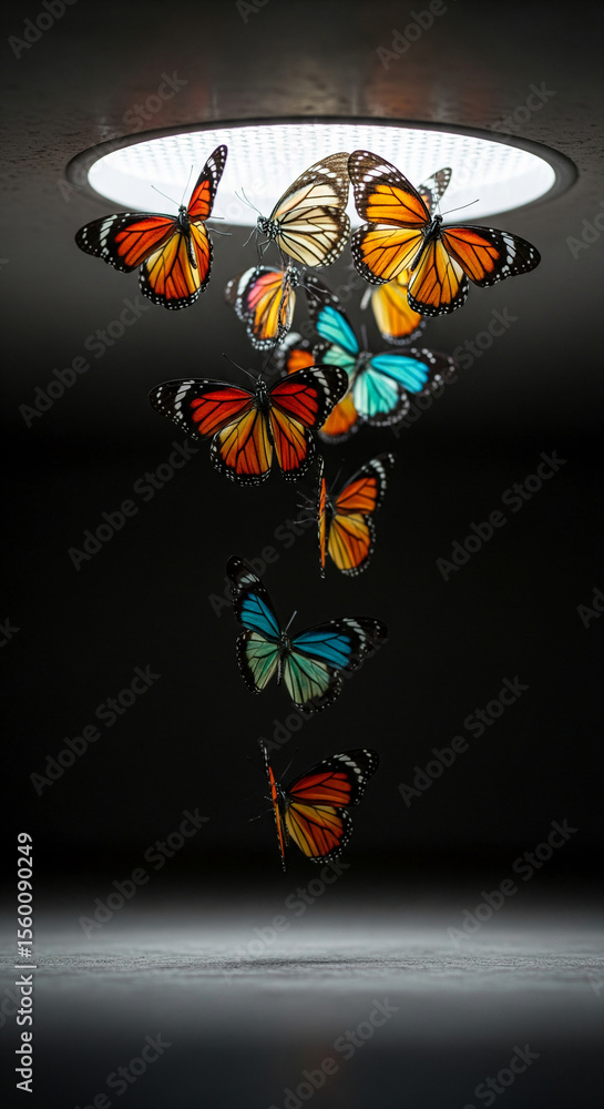 Poster colorful butterflies descend from a bright ceiling light against a dark background, creating a grace