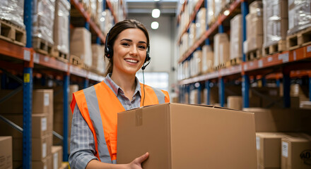 Smiling warehouse worker woman holding box headset logistics distribution inventory management ecommerce shipping efficient operations customer service