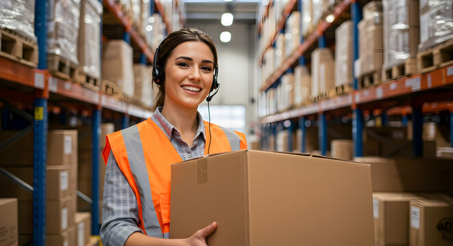 Smiling warehouse worker woman holding box headset logistics distribution inventory management ecommerce shipping efficient operations customer service