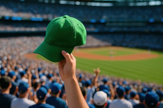 Green baseball cap held high amidst cheering crowd exemplifies game day excitement and fervent support for their favorite sports team.
