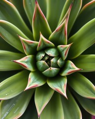 Close up of the center leaf of a green succulent plant, displaying radial symmetry that evokes a sense of order and balance