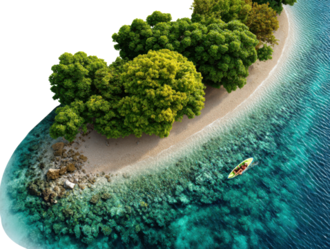 Island Escape: A tranquil tropical island paradise with lush greenery and crystal-clear turquoise waters, inviting you to explore the beauty of nature and embrace the serene beauty of the location.