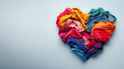 Big pile of old, used colorful clothes folded to form a heart, concept with free space. 