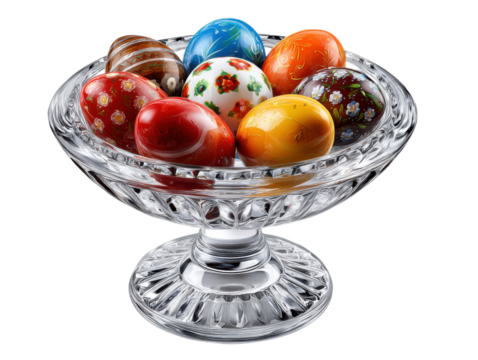 A Kaleidoscope of Easter Eggs: A collection of vibrantly painted eggs artfully displayed in a crystal bowl, offering a rich tapestry of colors and patterns.