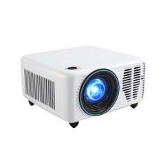 Compact projector with sleek, modern design, perfect for home entertainment and presentations, highlighting portability and clarity on transparent background