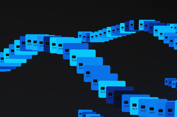 Close up of many blue credit cards on black background. 3d rendering illustration