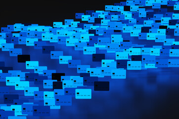Close up of many blue credit cards on black background. 3d rendering illustration