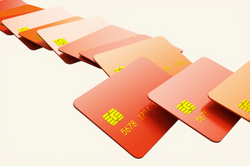 Many colored credit cards on white background. 3d rendering illustration