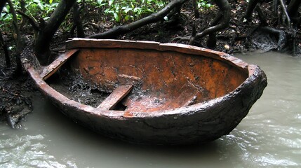 Dilapidated canoe on a muddy riverbank, immersed in mangrove thicket environment  and surrounded