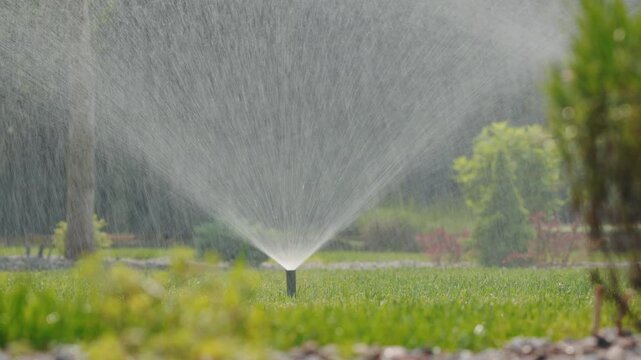 Pop-up sprinkler system activates in a landscaped garden, rising from the ground and spraying a wide arc of water over the fresh green lawn