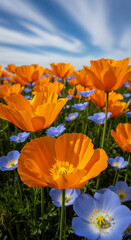 Obraz premium Close-up of vibrant orange poppies and delicate light-blue flowers in a field, showcasing natural beauty and springtime freshness
