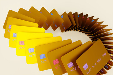 Many gold credit cards on white background. 3d rendering illustration