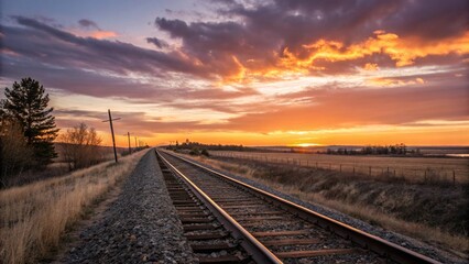 Obraz premium Railway Tracks Stretching to the Horizon Under a Fiery Sunset Sky in the Countryside