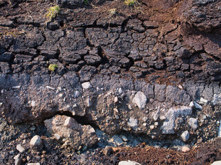 Detailed view of textured peat deposits at the beach in Heoga Ness, Yell, Shetland, showing natural earthy tones.