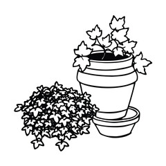 Ivy filled terracotta pot near small rock arrangement Vector illustration