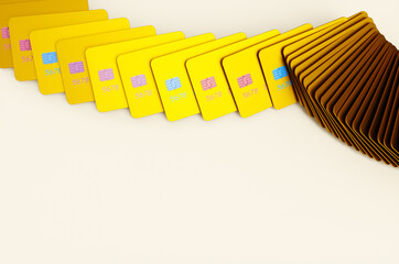 Many gold credit cards on white background. 3d rendering illustration