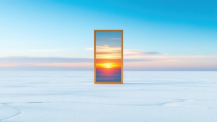 A digital artwork featuring a tall, rectangular frame centered in a serene, icy landscape