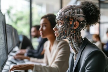 Photo of an AI robot and human working side by side in an office, looking at a computer screen together