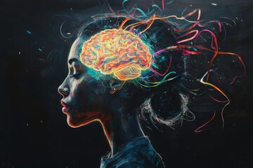 Fototapeta premium Side profile of a female head with a glowing brain, dark background, hyper-realistic, with colorful lines and swirls emanating from the back of her head