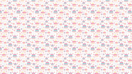 A repeating pattern of pastel birthday cakes with candles and happy birthday text on a white background