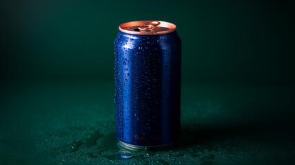A product photography shot of a dark navy blue aluminum beverage can with condensation droplets covering its entire surface.