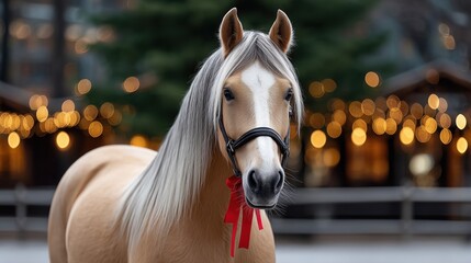 Obraz premium Beautiful palomino horse with long flowing mane and bright red ribbon stands gracefully in front of blurred festive lights, showcasing elegance and charm in a serene outdoor setting
