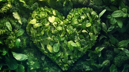 green vegetables background. Heart shape by vegetables. Green vegetables and leafy food background of fresh garden