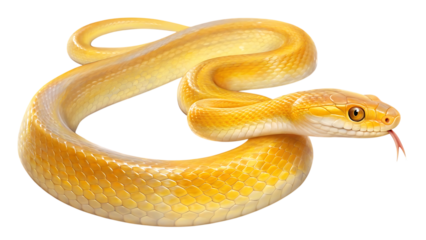 Detailed illustration of a coiled yellow snake with its tongue flicking isolated on transparent background