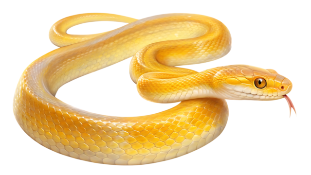 Detailed illustration of a coiled yellow snake with its tongue flicking isolated on transparent background