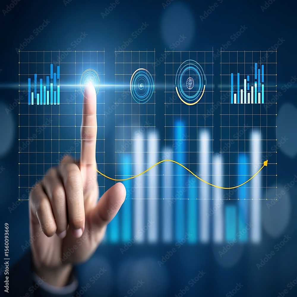 Poster hand interacting with futuristic digital financial data visualization finger touching