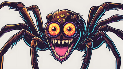 scary spider illustration with mystical energy. Designed in psychedelic cartoon sticker style with thick black lines,