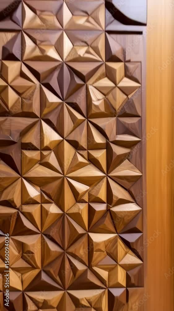 Poster geometric wood panel with raised pyramids and diamond shapes creating a patterned wall, repeating te